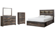 Drystan Queen Bookcase Bed with 2 Storage Drawers, Dresser, Mirror and Chest