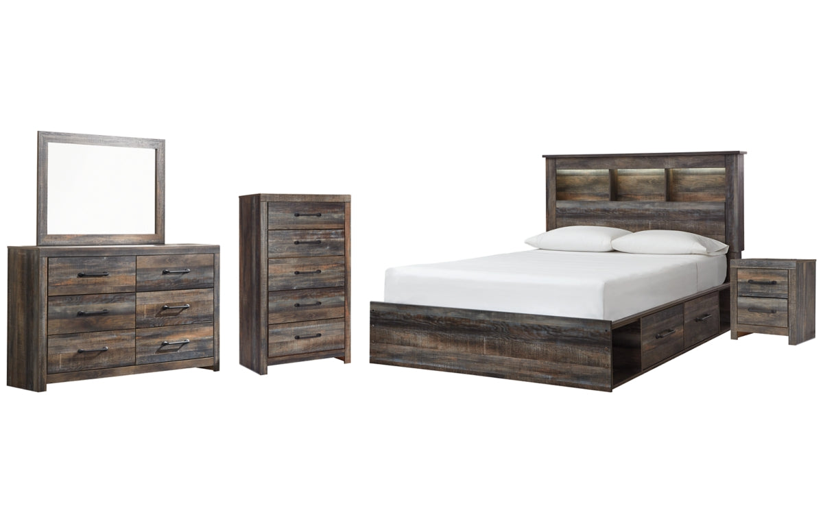 Drystan Queen Bookcase Bed with 4 Storage Drawers with Mirrored Dresser, Chest and Nightstand