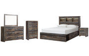 Drystan Queen Bookcase Bed with 4 Storage Drawers with Mirrored Dresser, Chest and Nightstand