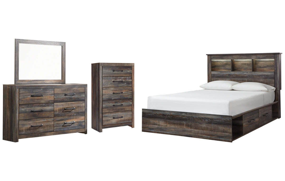 Drystan Queen Bookcase Bed with 4 Storage Drawers, Dresser, Mirror and Chest