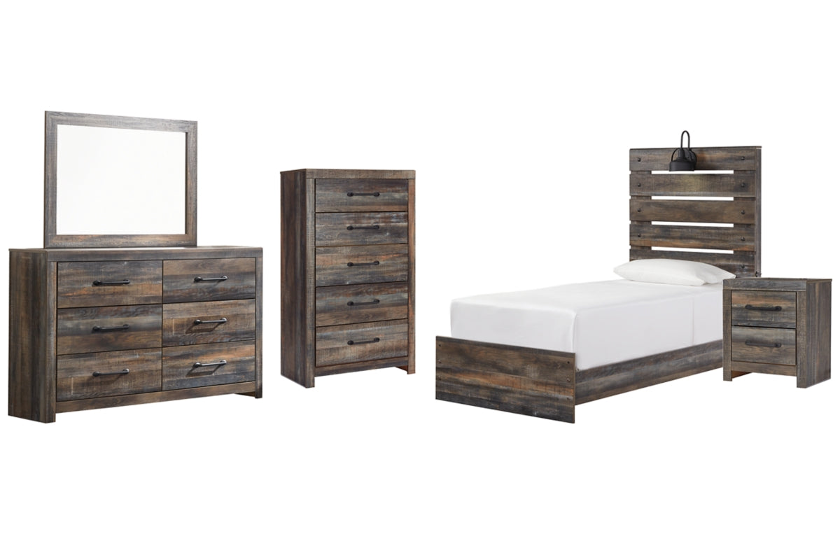 Drystan Twin Panel Bed with Mirrored Dresser, Chest and Nightstand