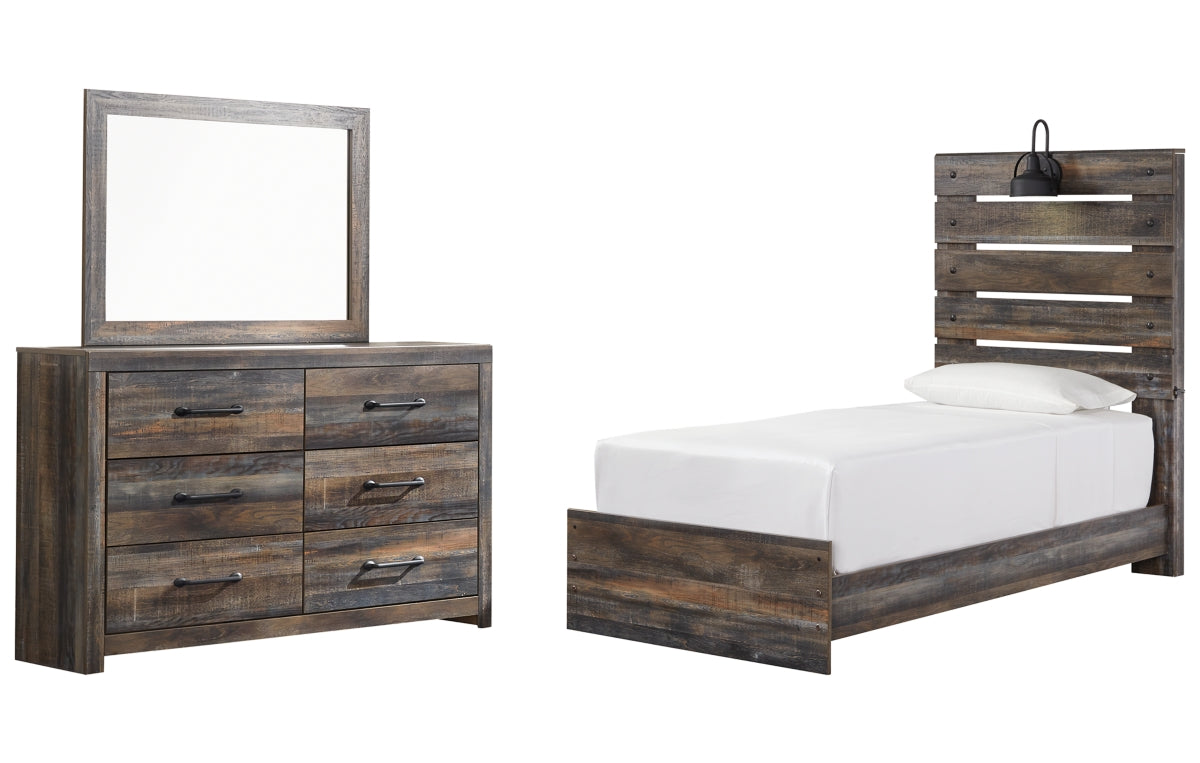 Drystan Twin Panel Bed with Mirrored Dresser