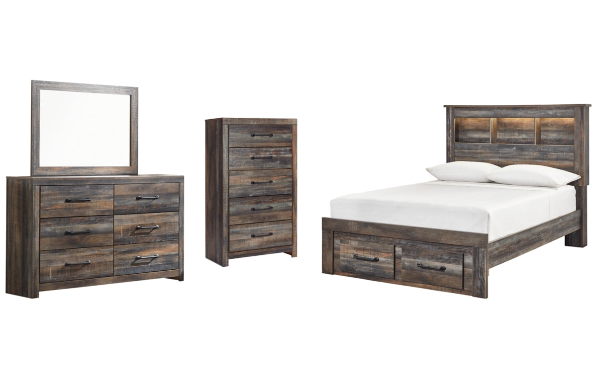 Drystan Full Bookcase Bed with 2 Storage Drawers, Dresser, Mirror and Chest