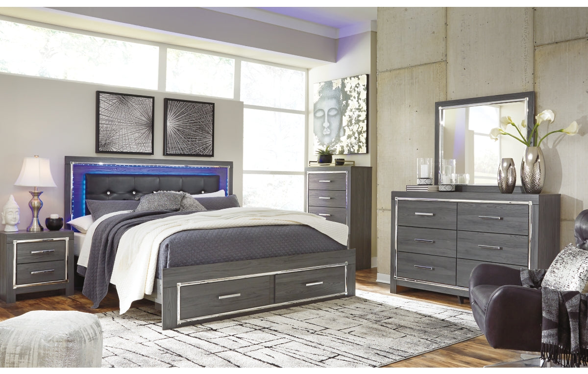 Lodanna King Panel Bed with 2 Storage Drawers, Dresser, Mirror, Chest and Nightstand