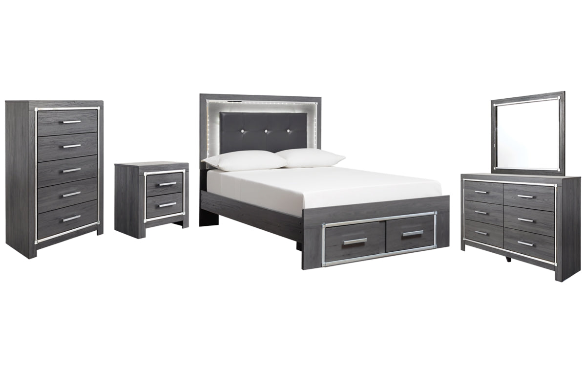 Lodanna Full Panel Bed with 2 Storage Drawers with Mirrored Dresser, Chest and Nightstand