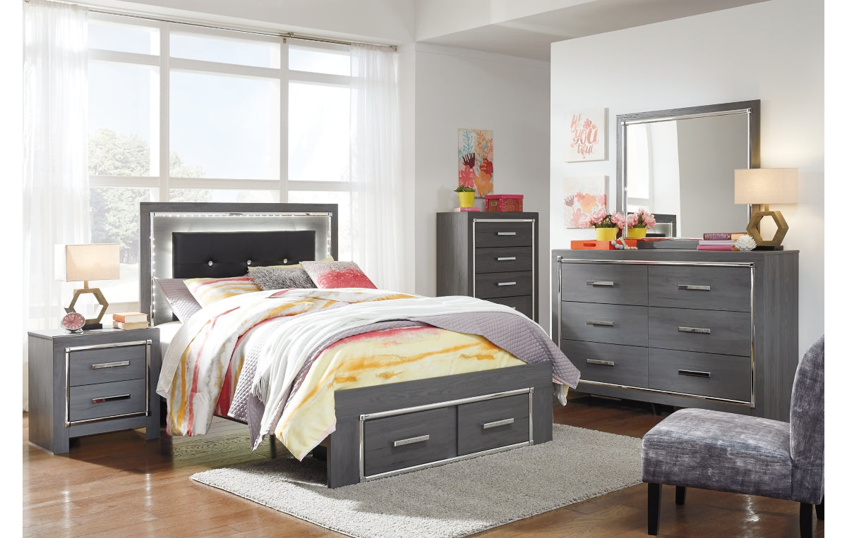 Lodanna Full Panel Bed with 2 Storage Drawers with Mirrored Dresser, Chest and Nightstand