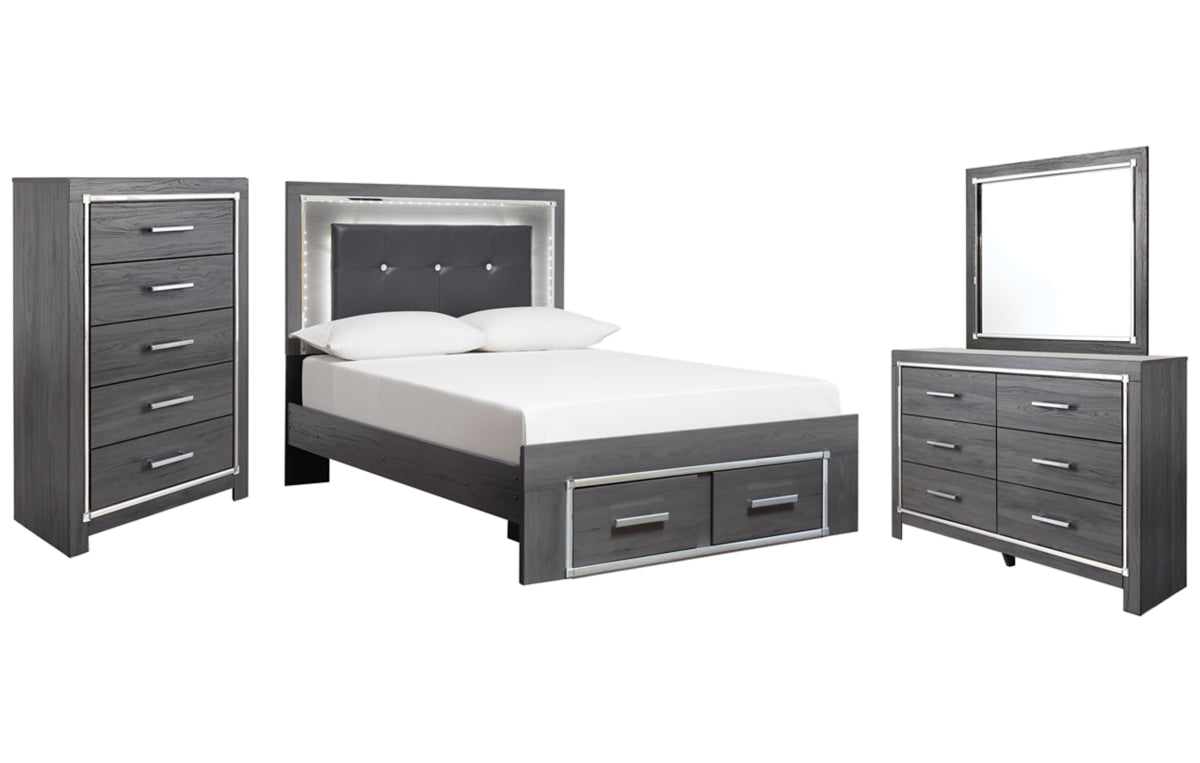 Lodanna Full Panel Bed with 2 Storage Drawers with Mirrored Dresser and Chest
