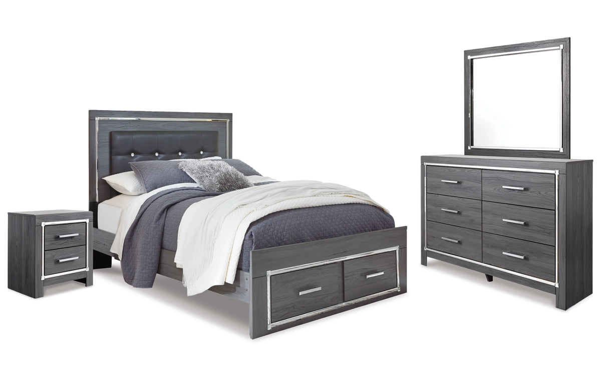 Lodanna Queen Panel Bed with 2 Storage Drawers, Dresser, Mirror and Nightstand