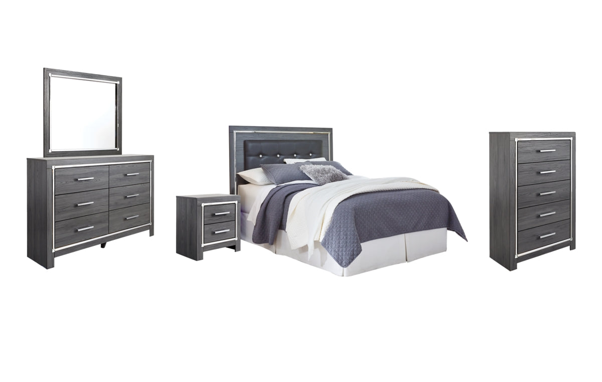 Lodanna Queen/Full Upholstered Panel Headboard with Mirrored Dresser, Chest and Nightstand