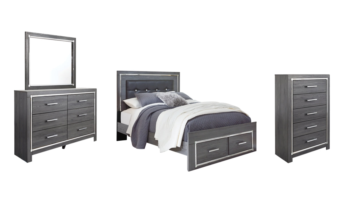 Lodanna Queen Panel Bed with 2 Storage Drawers with Mirrored Dresser and Chest