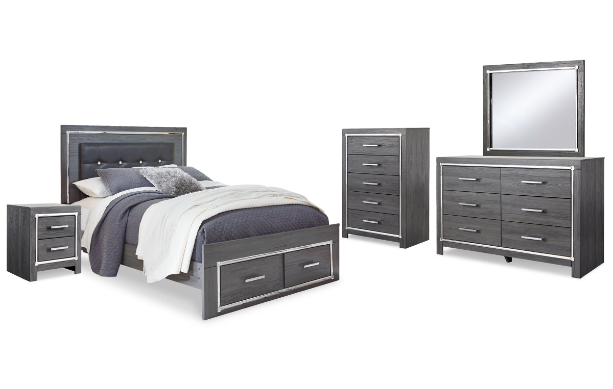 Lodanna Queen Panel Bed with 2 Storage Drawers with Mirrored Dresser, Chest and Nightstand