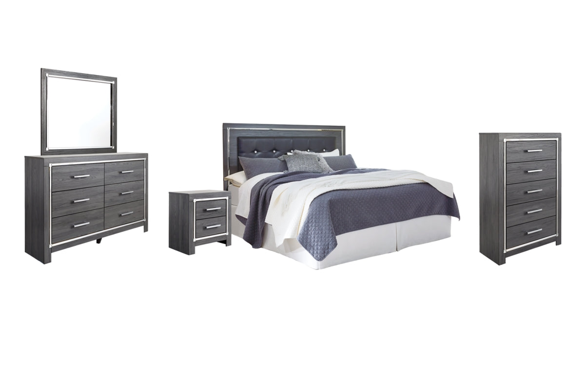 Lodanna King/California King Upholstered Panel Headboard with Mirrored Dresser, Chest and Nightstand