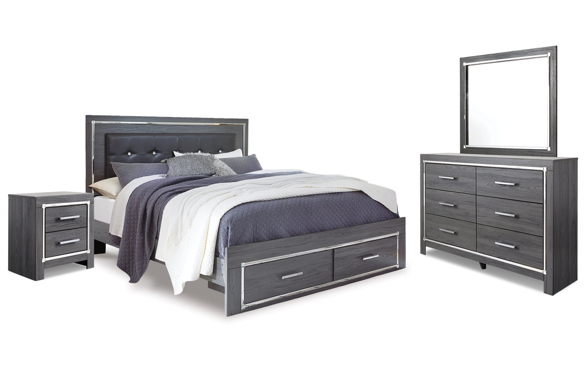 Lodanna King Panel Bed with 2 Storage Drawers, Dresser, Mirror and Nightstand