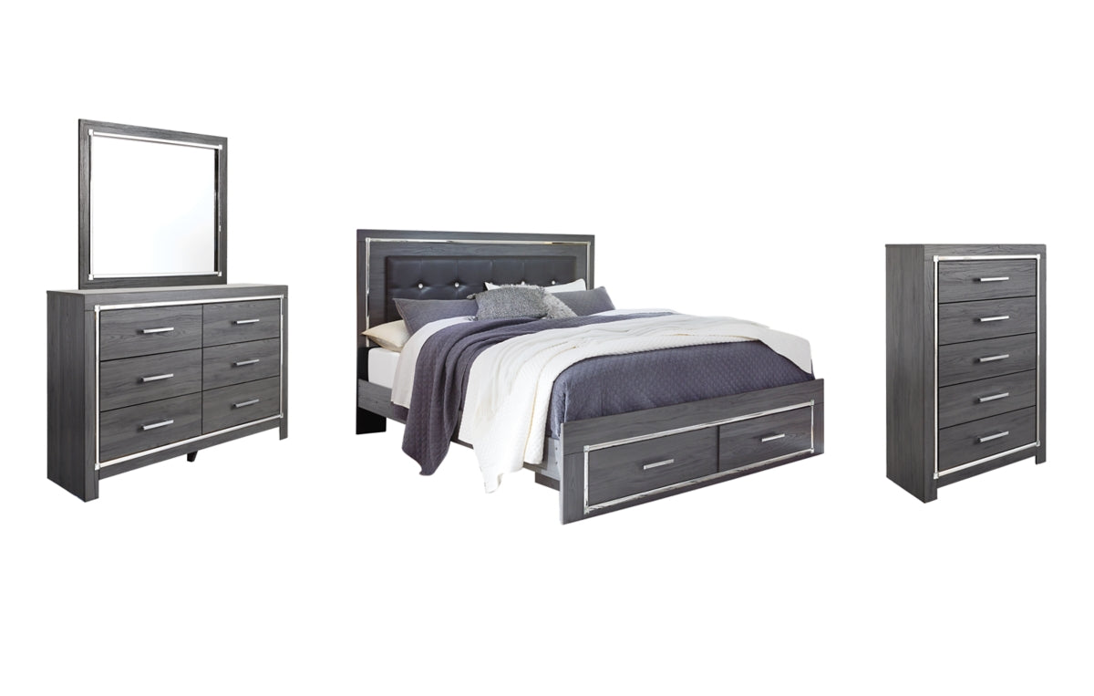 Lodanna King Panel Bed with 2 Storage Drawers, Dresser, Mirror, Chest and Nightstand
