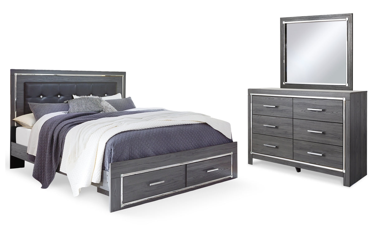 Lodanna King Panel Bed with 2 Storage Drawers with Mirrored Dresser
