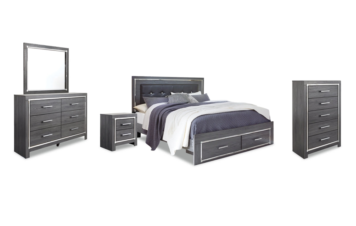 Lodanna King Panel Bed with 2 Storage Drawers with Mirrored Dresser, Chest and Nightstand