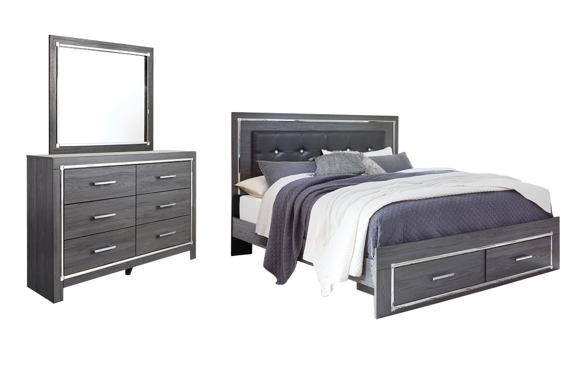 Lodanna King Panel Bed with 2 Storage Drawers with Mirrored Dresser