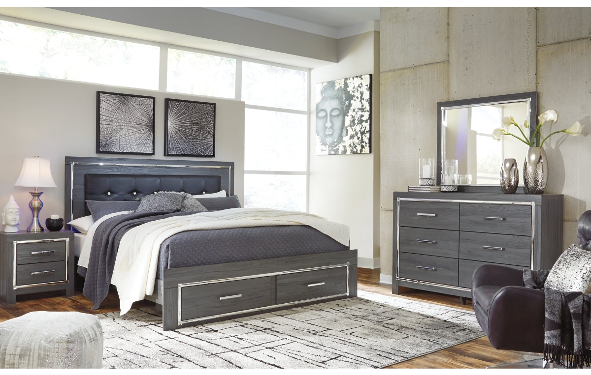 Lodanna King Panel Bed with 2 Storage Drawers with Mirrored Dresser, Chest and Nightstand