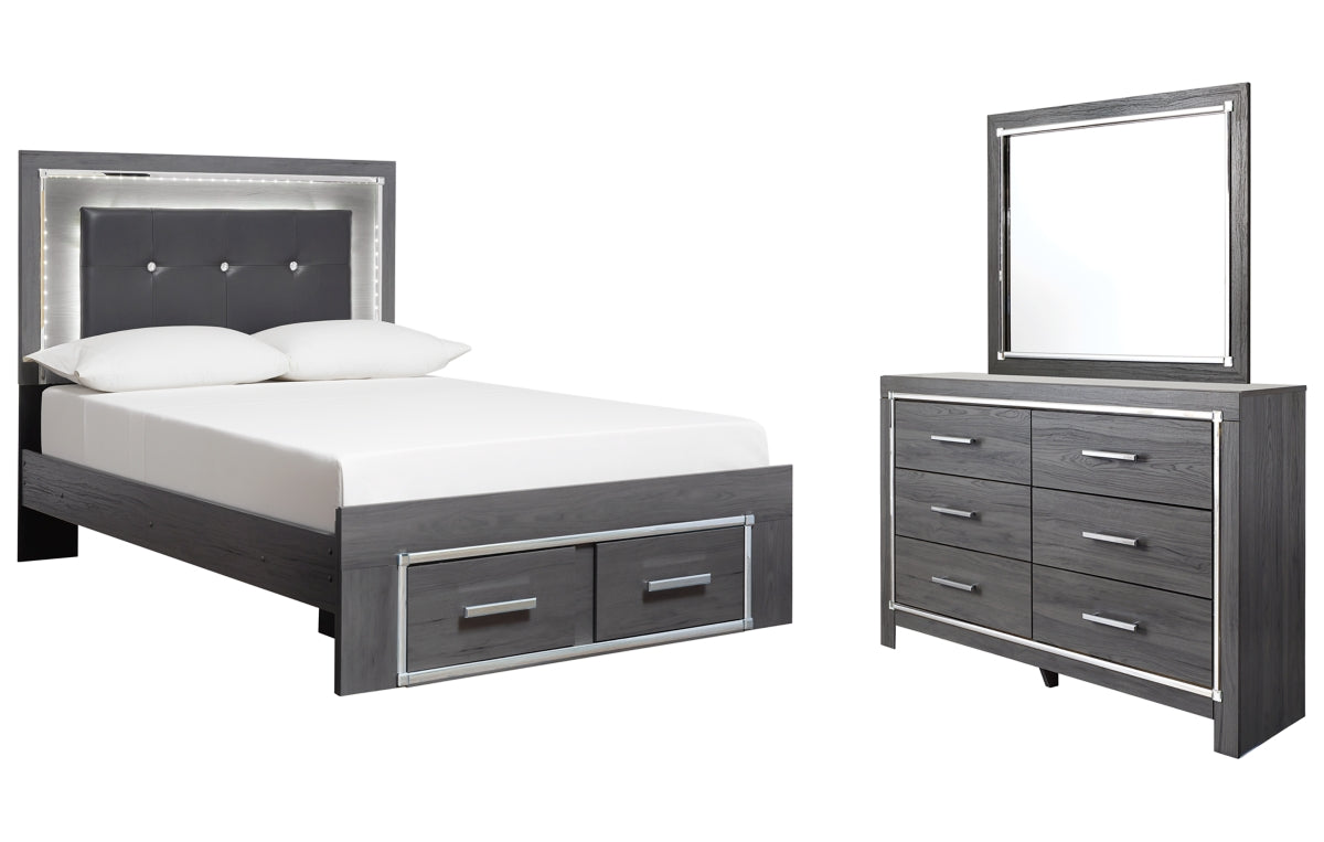 Lodanna Full Panel Bed with 2 Storage Drawers with Mirrored Dresser