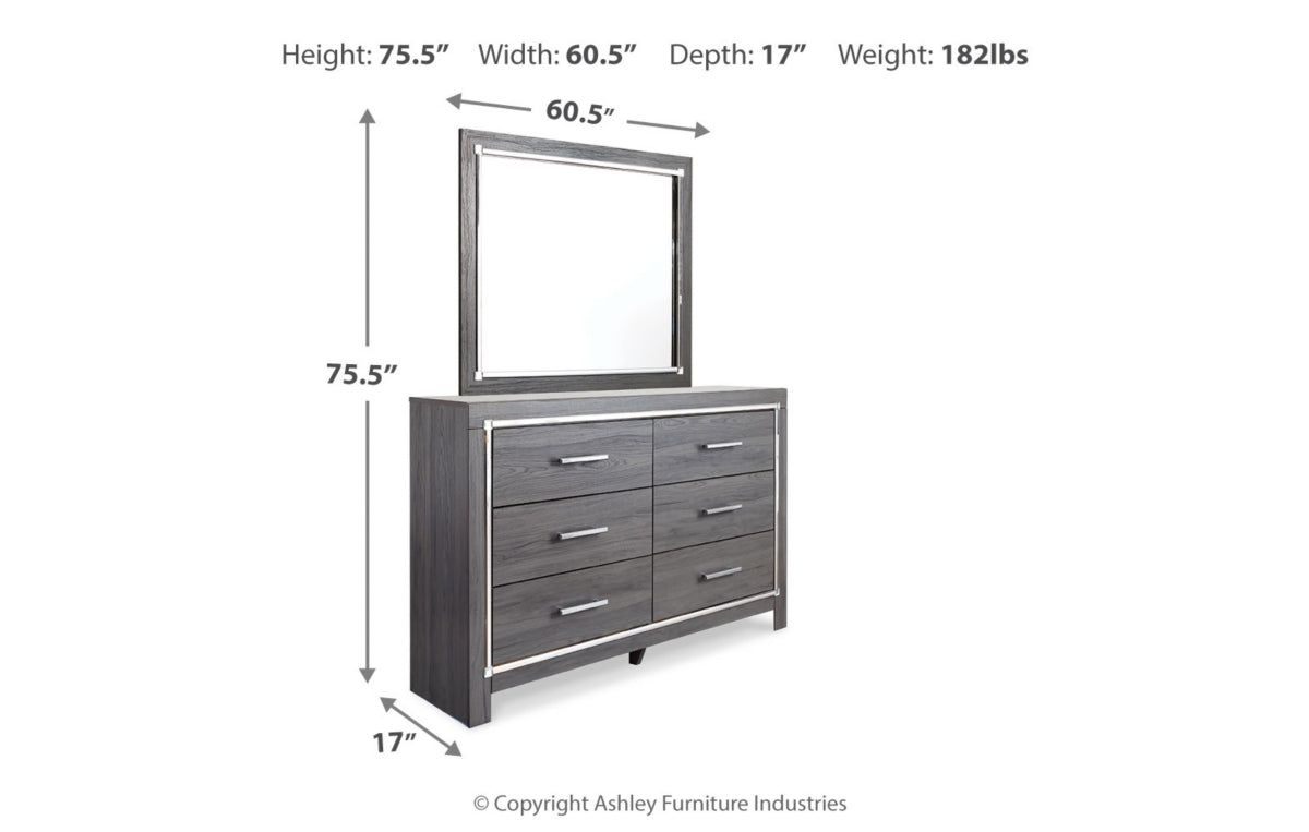 Lodanna King Panel Bed with 2 Storage Drawers with Mirrored Dresser and Chest