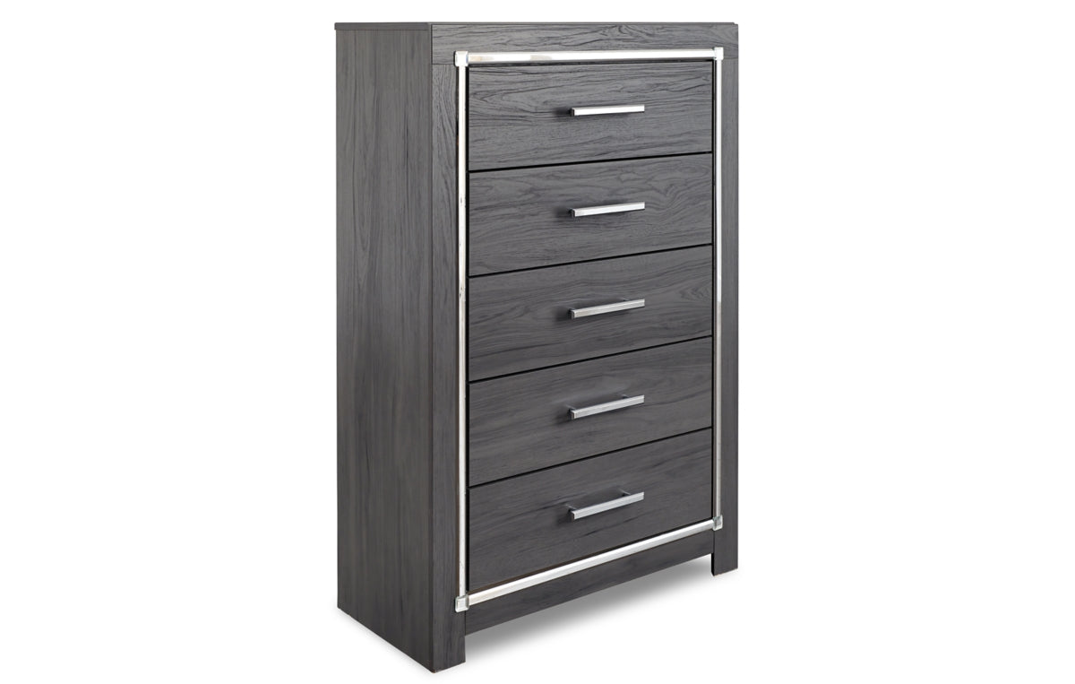 Lodanna King Panel Bed with 2 Storage Drawers, Dresser, Mirror, Chest and Nightstand