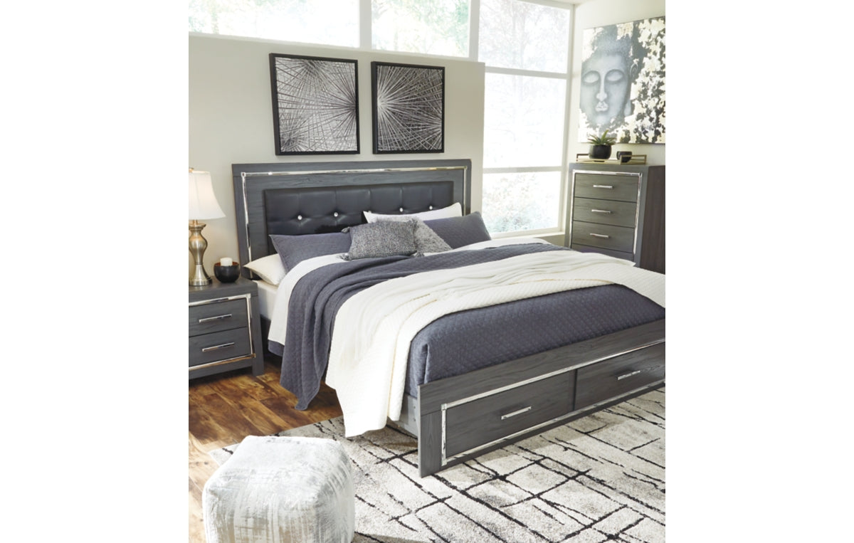 Lodanna King Panel Bed with 2 Storage Drawers with Mirrored Dresser and Nightstand