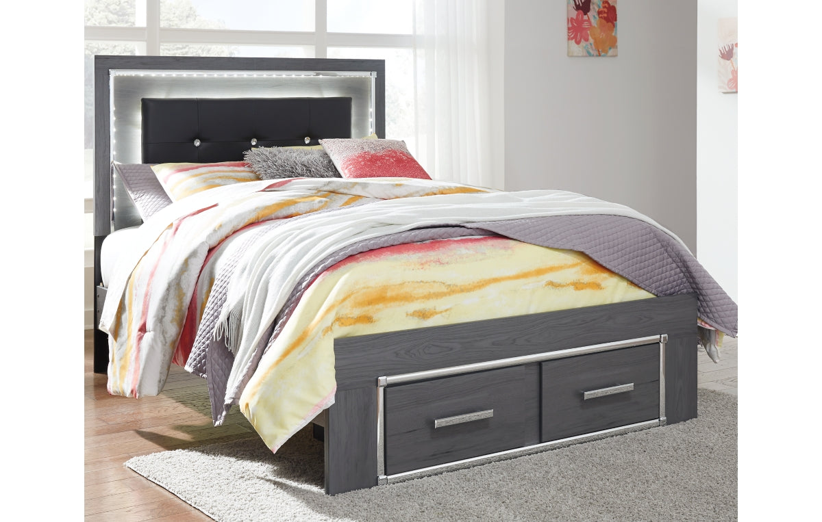 Lodanna Full Panel Bed with 2 Storage Drawers with Mirrored Dresser and Chest