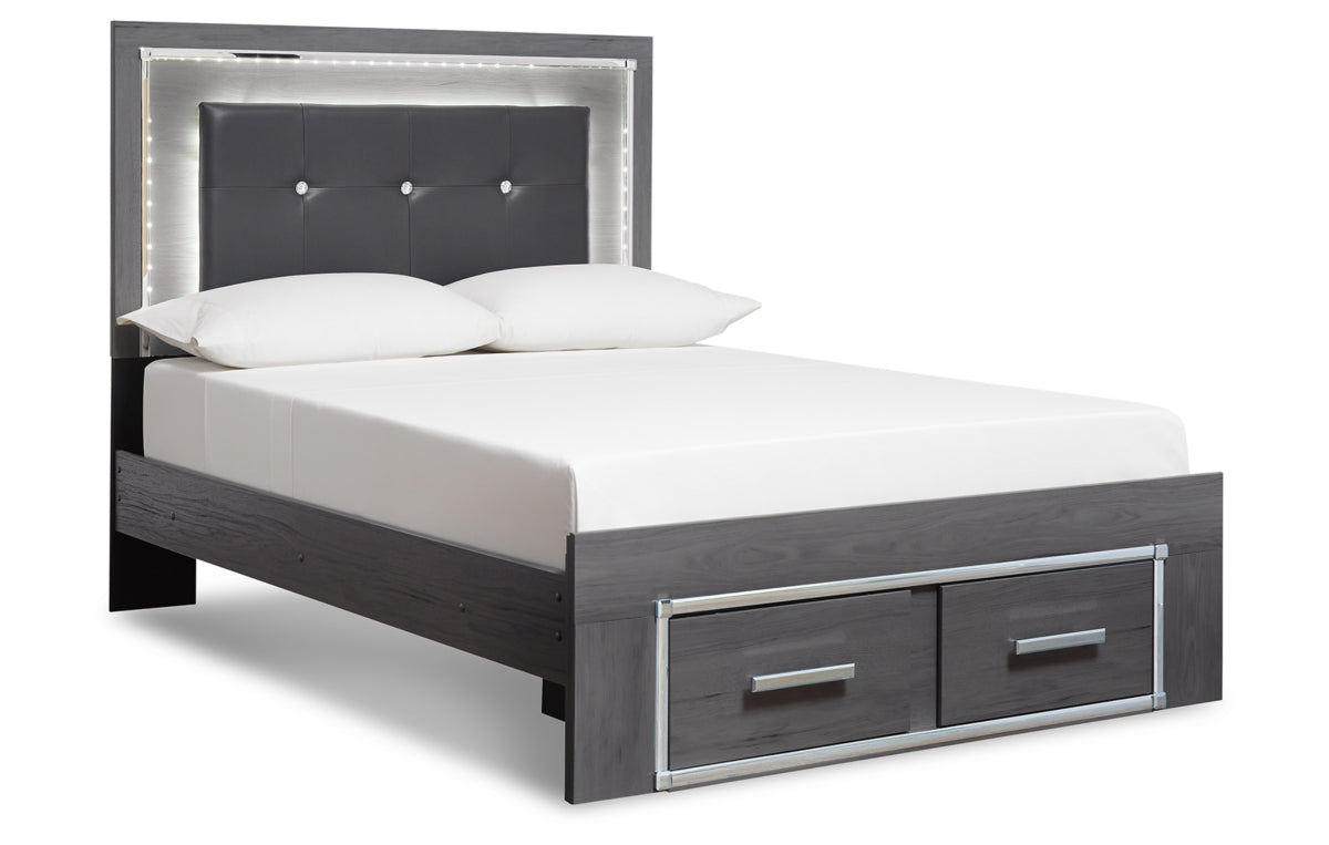 Lodanna Full Panel Bed with 2 Storage Drawers with Mirrored Dresser and Chest