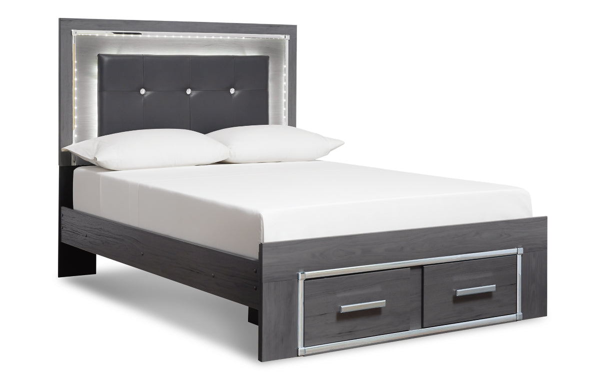 Lodanna King Panel Bed with 2 Storage Drawers with Mirrored Dresser and Chest
