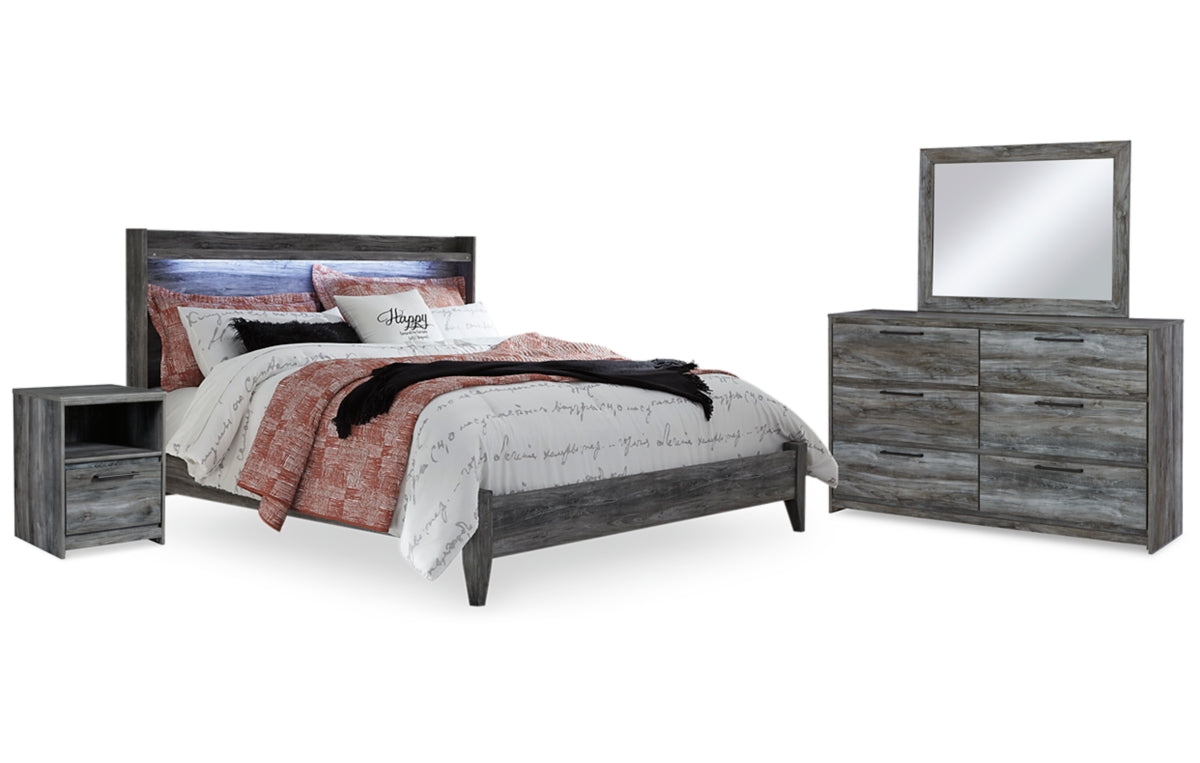 Baystorm King Panel Bed with Mirrored Dresser and Nightstand
