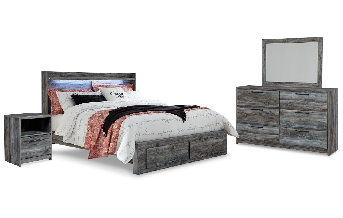 Baystorm King Panel Bed with 2 Storage Drawers with Mirrored Dresser, and Nightstand