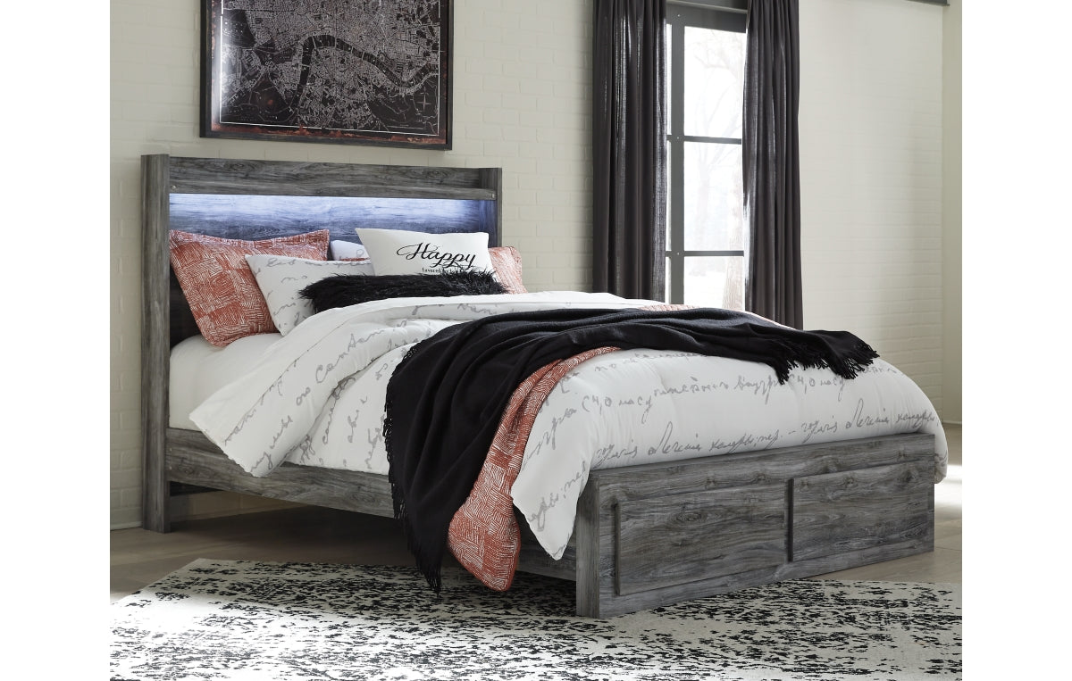 Baystorm Queen Panel Bed with 2 Storage Drawers with Mirrored Dresser and Nightstand