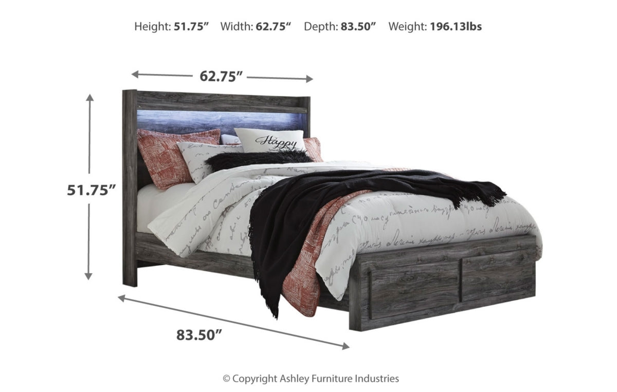 Baystorm Queen Panel Bed with 2 Storage Drawers with Mirrored Dresser and Nightstand