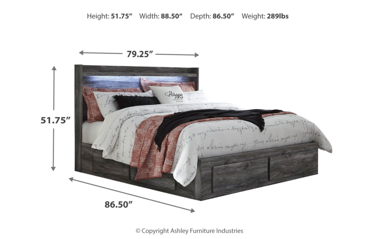 Baystorm King Panel Bed with 2 Storage Drawers with Mirrored Dresser, and Nightstand