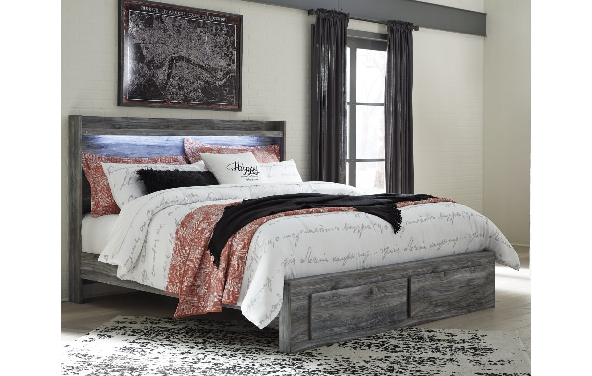 Baystorm King Panel Bed with 2 Storage Drawers with Mirrored Dresser, and Nightstand