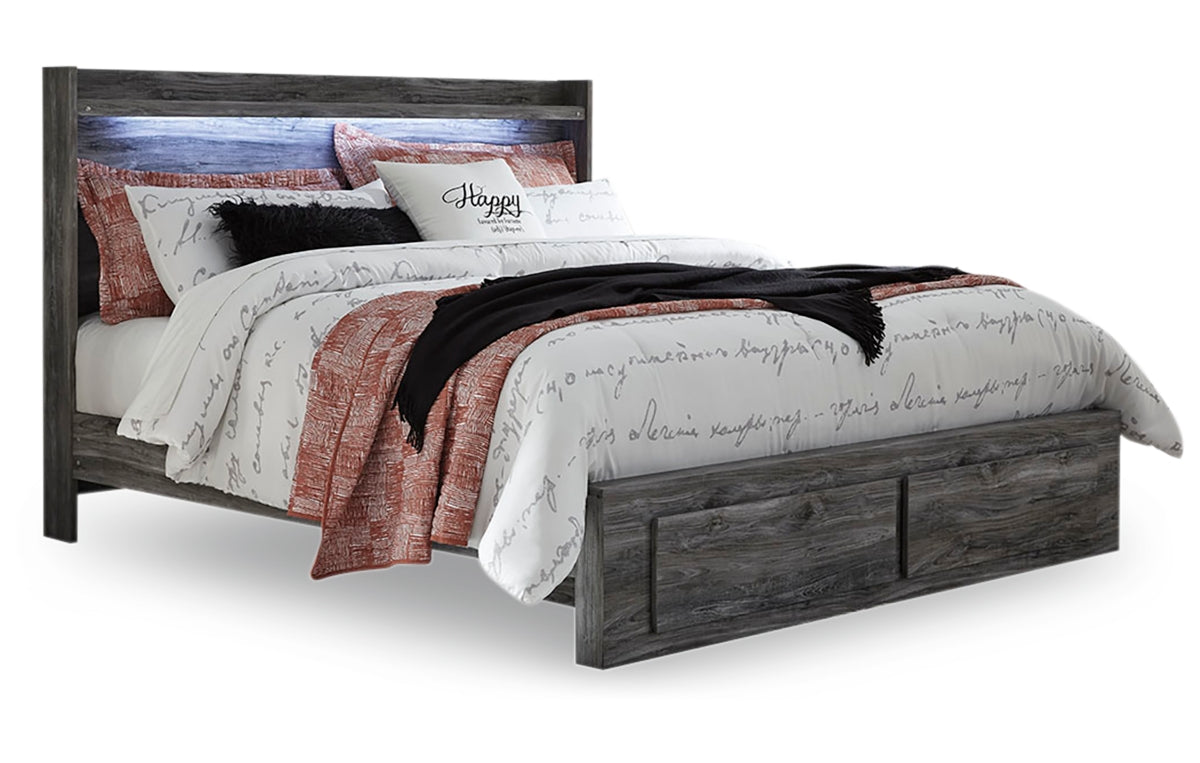 Baystorm King Panel Bed with 2 Storage Drawers with Mirrored Dresser, and Nightstand