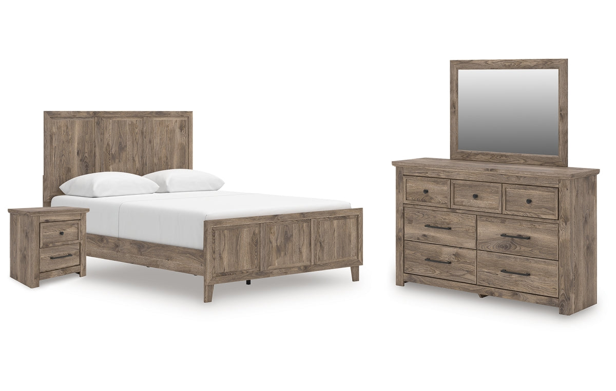 Rusticott Queen Panel Bed with Mirrored Dresser and Nightstand