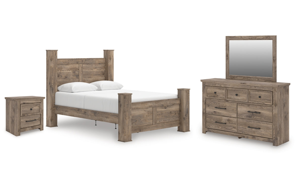 Rusticott Queen Poster Bed with Mirrored Dresser and Nightstand