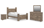 Rusticott Queen Poster Bed with Mirrored Dresser and Nightstand
