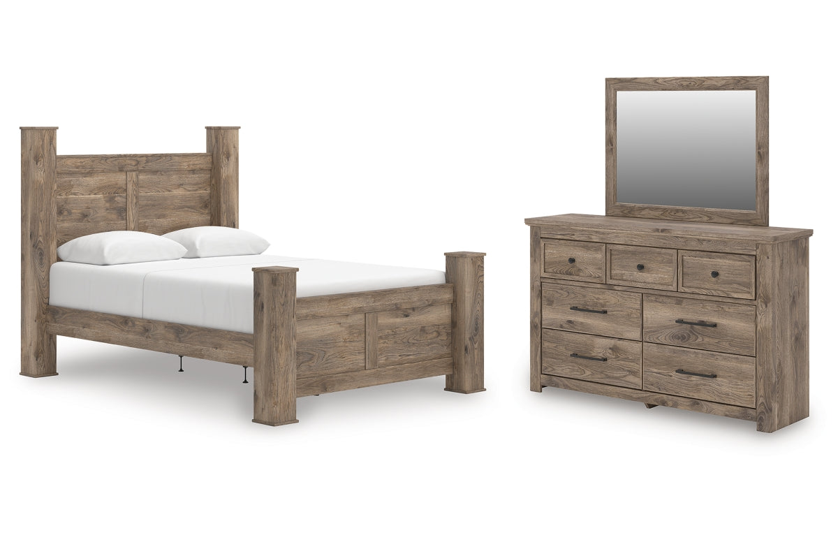 Rusticott Queen Poster Bed with Mirrored Dresser