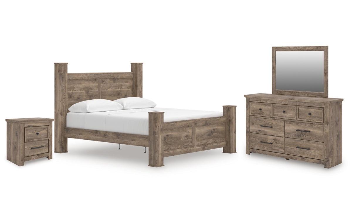 Rusticott California King Poster Bed with Mirrored Dresser and Nightstand