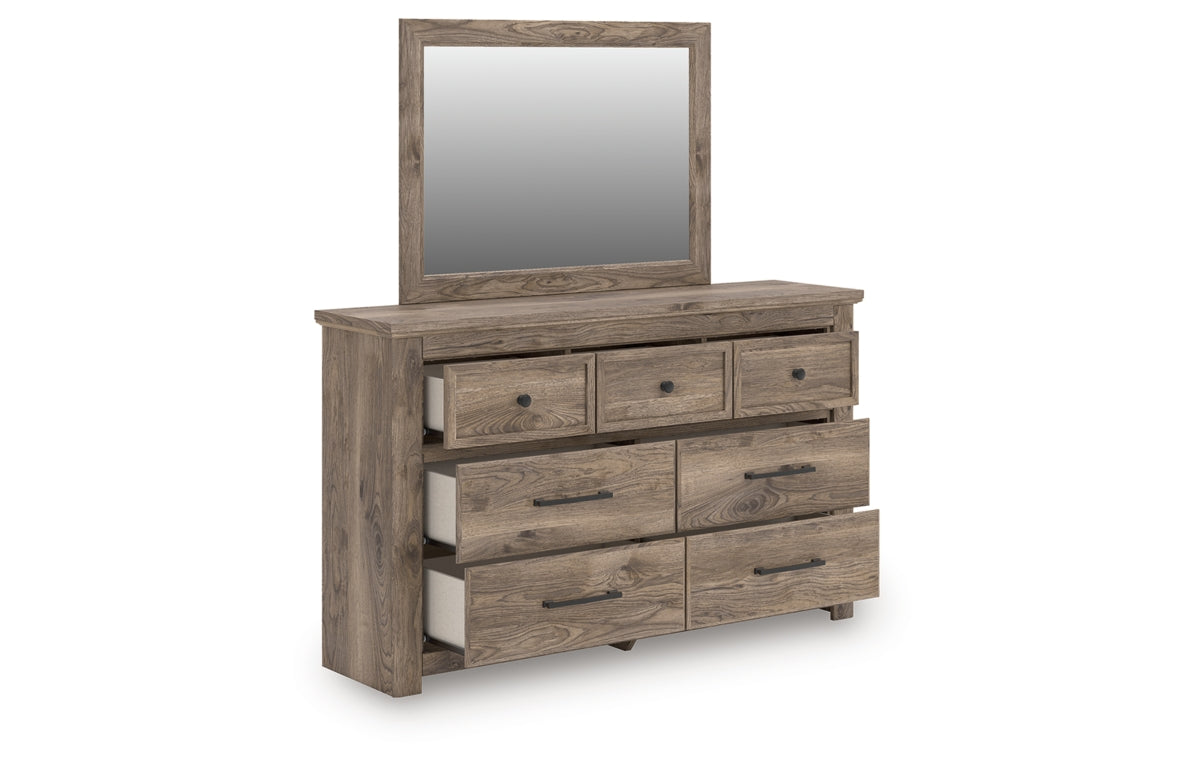 Rusticott Queen Poster Bed with Mirrored Dresser