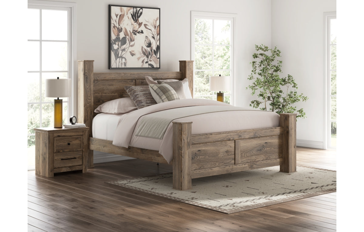 Rusticott California King Poster Bed with Mirrored Dresser and Nightstand