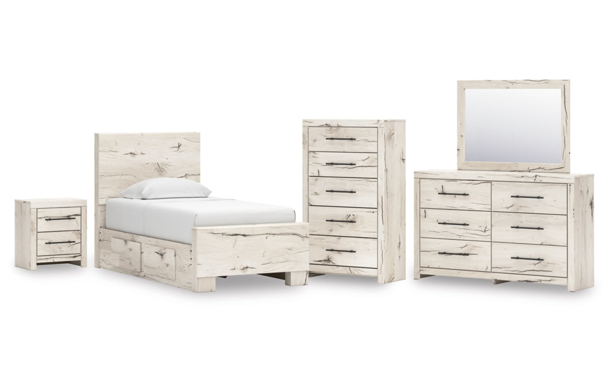 Lawroy Twin Panel Bed with Storage, Dresser, Mirror, Chest and Nightstand