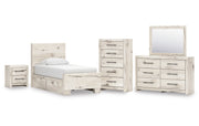 Lawroy Twin Panel Bed with Storage, Dresser, Mirror, Chest and Nightstand