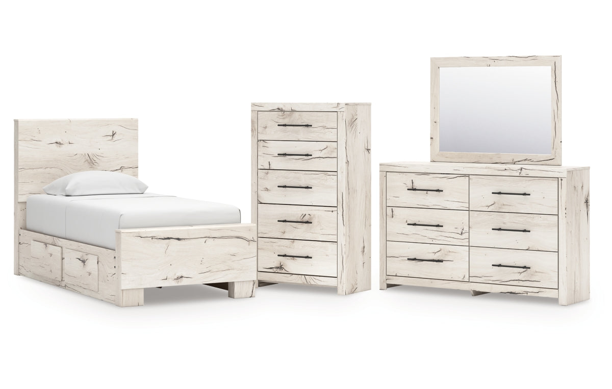 Lawroy Twin Panel Bed with Storage, Dresser, Mirror and Chest