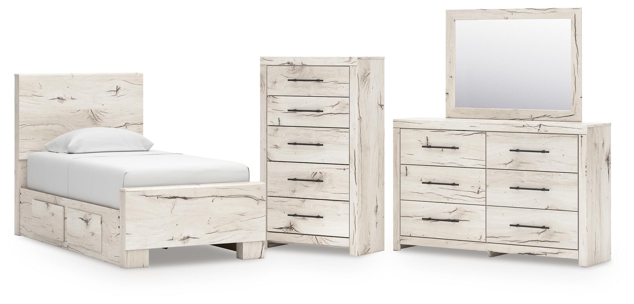 Lawroy Twin Panel Bed with Storage, Dresser, Mirror and Chest