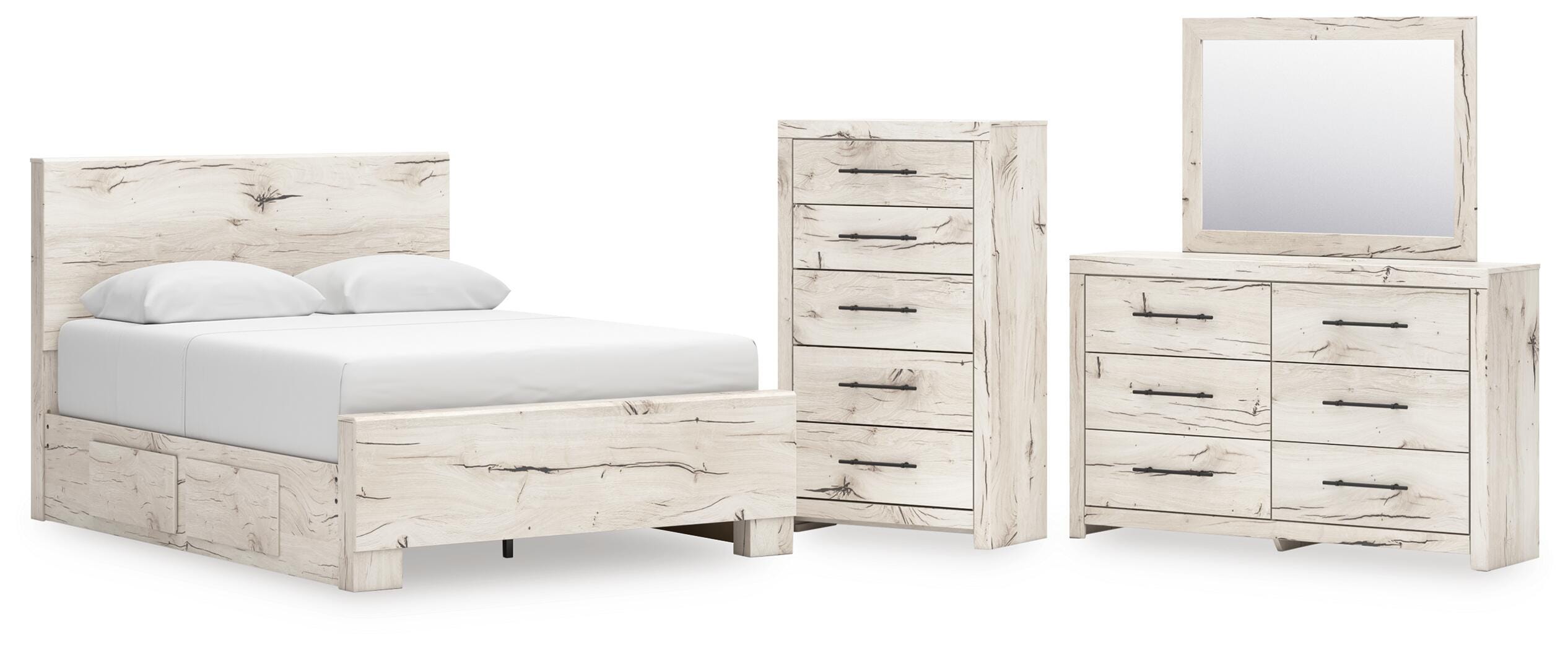 Lawroy Queen Panel Bed with Storage, Dresser, Mirror and Chest