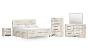 Lawroy King Panel Bed with Storage, Dresser, Mirror, Chest and Nightstand