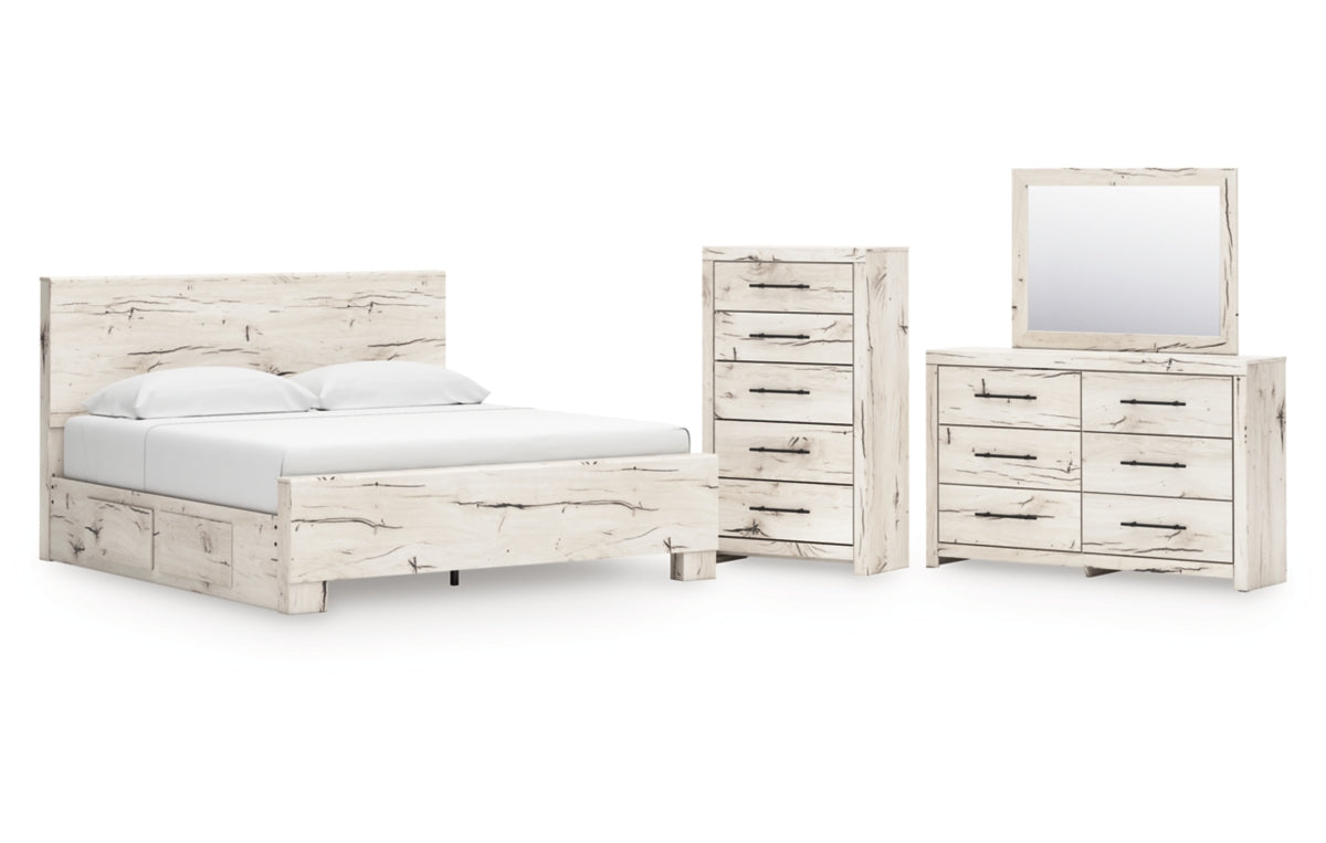 Lawroy King Panel Bed with Storage, Dresser, Mirror and Chest